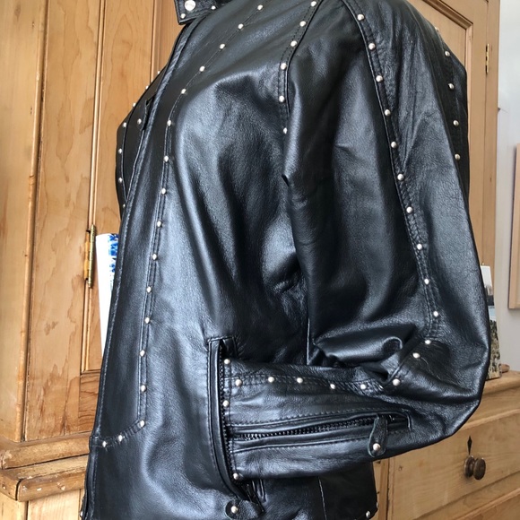 Bold Silver Studded Black Leather Jacket Size 6-8. See notes - Picture 3 of 8